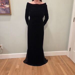 Cachet Black Velvet Off Shoulder Women's Maxi Dress Sheer Beaded Bottom  6